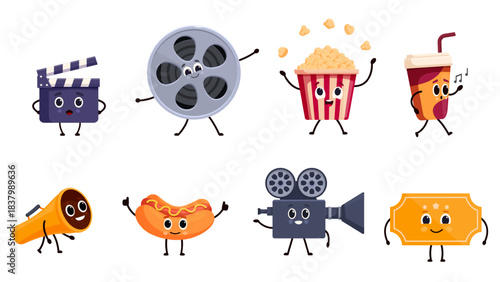 Cinema characters. Cartoon theater ticket, popcorn bucket camera and movie clapper. Isolated funny character, hot dog, drink take away glass, sapid vector elements