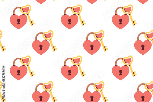 Repeatable background featuring heart-shaped padlocks and golden keys. Romantic texture suitable for wrapping paper, textile print and wedding stationery.