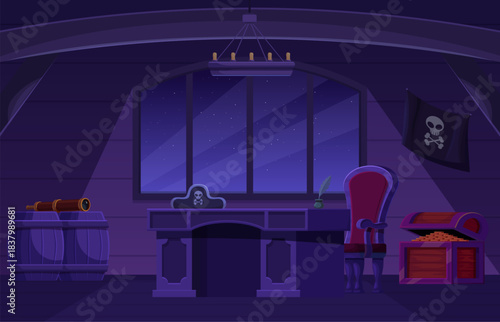 Captain cabin interior at night. Pirate ship room, empty premises wood decor. Spyglass, table and chair, chest with golden coins, hat with skull, sapid vector scene