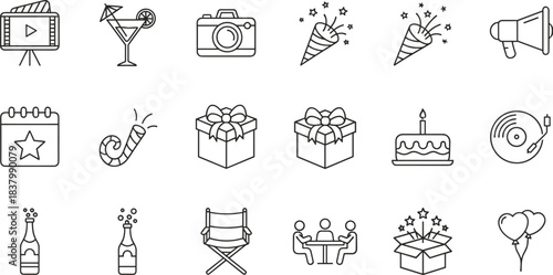 Celebration and event icon set, black and white line icons, party, entertainment, media, vector illustration pack