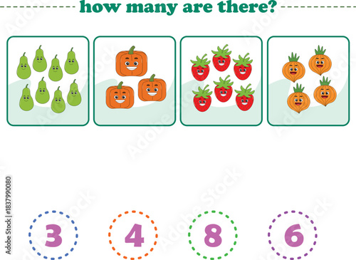 Counting game of fruits for preschool kids. Printable. Vector Illustration