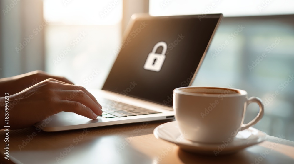 Fototapeta premium Laptop displaying padlock icon illustrates data security and privacy in a modern workspace alongside coffee