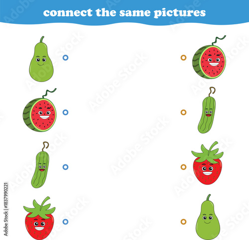 Education game for children connect the same picture of cute cartoon fruits printable. Vector Illustration