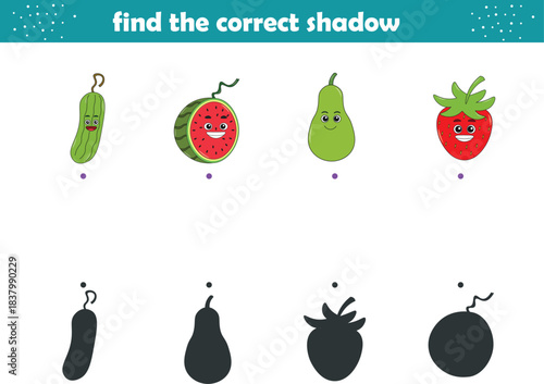 Funny cartoon fruits. Find the correct shadow. Kids Education games. Cartoon vector illustration