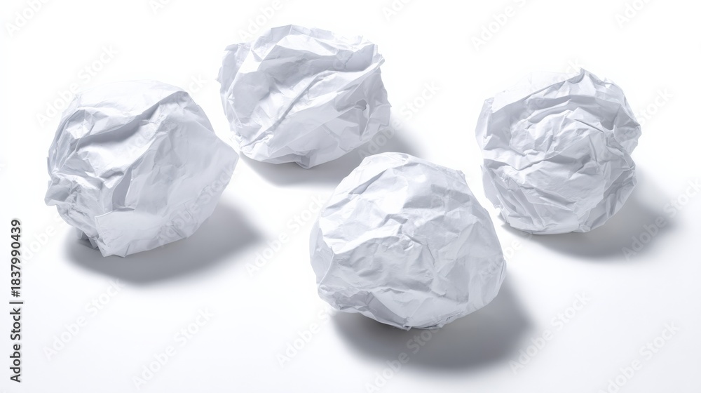 Fototapeta premium Conceptual Shot of Crumpled White Paper Balls on a White Background Symbolizing Creative Block