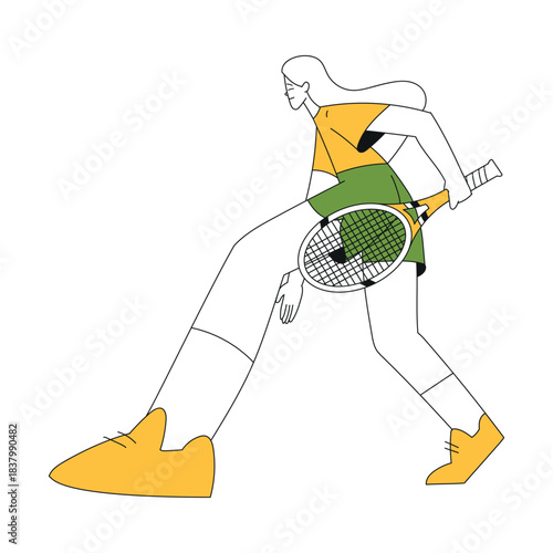 Sport with Woman Character Play Tennis with Racquet Vector Illustration