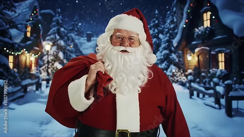 Santa claus in snowy village setting holding gift bag with smile