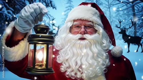 Santa Claus holding lantern in winter wonderland snowfall
