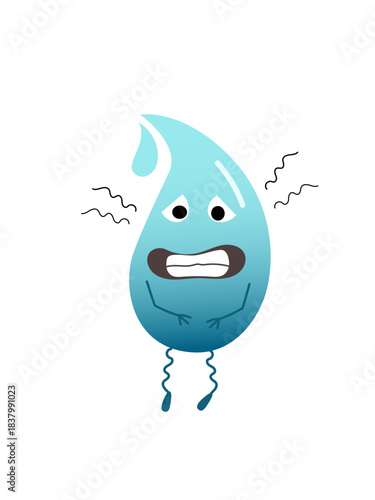  Blue water drop  character standing with a scared expression, trembling. Concept of anxiety, fear, danger to the environment