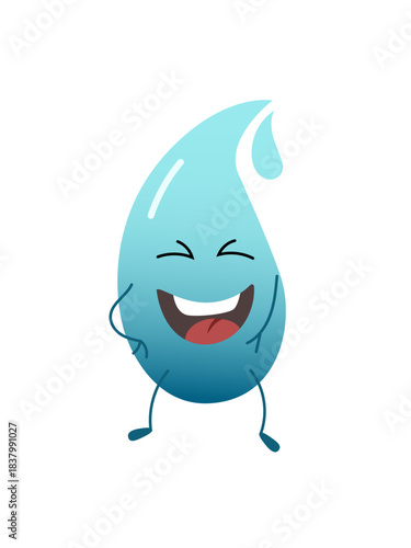 
A cute, blue cartoon water drop character standing with its hands on its hips (arms akimbo) and a wide, happy, laughing facial expression. Represents purity, joy, refreshment, and water concepts.
