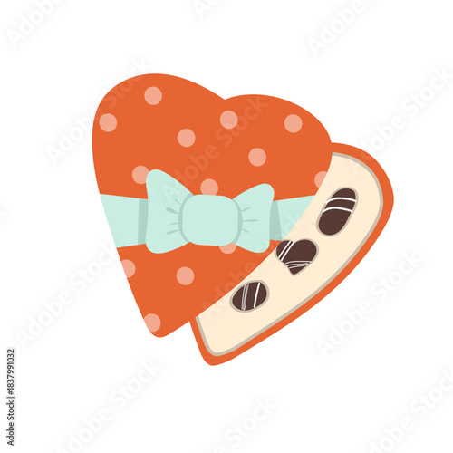 Illustration of an open heart-shaped box of candy with an orange polka dot lid and a light blue bow. Design element for romance themes, Valentine's Day,   gifts and sweets.