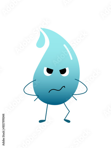 Cute but grumpy blue cartoon water drop character stands with an angry expression. Symbolizes concepts of water conservation, pollution or irritation.