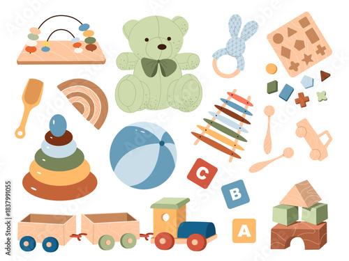 Collection of children's toys in muted colors, including a teddy bear, wooden train, stacking rings, abacus, xylophone, and alphabet blocks. Perfect for childhood, education, and baby development conc