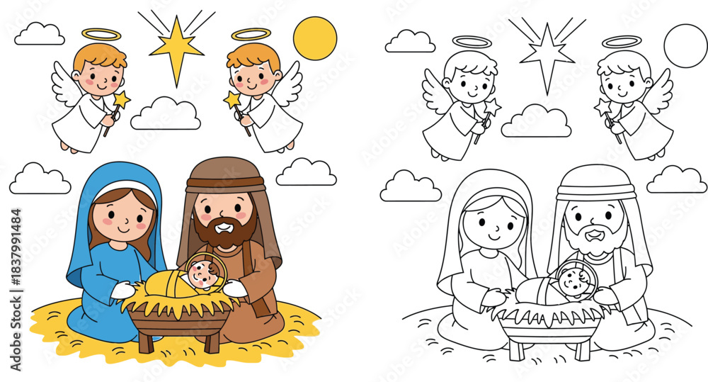 Naklejka premium Christmas nativity scene vector illustration with coloring page outline featuring Mary Joseph Baby Jesus and two angels in sky cute cartoon holy family doodle for kids education