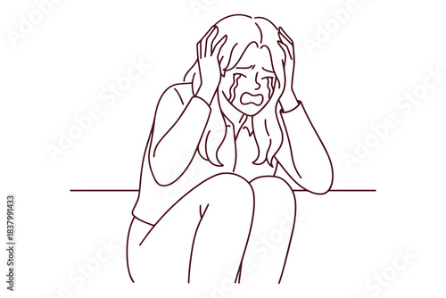 Linear sketch of sad girl sitting on floor hiding from noise. Black and white drawing representing anxiety, depression, trauma and fear.