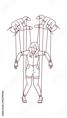 Black and white outline of big hands moving small female figure. Sketch representing patriarchy, gender inequality and abuse of power in society.