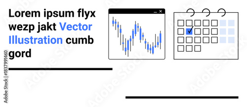 Business organization, analytics, productivity tools, project planning, scheduling, time management. Box grid calendar with checkmark and line graph in a chart. Business organization and analytics