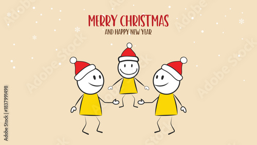 Three happy stick figure characters celebrate Merry Christmas and New Year together