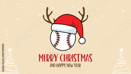 Christmas baseball with a festive Santa hat and reindeer antlers for holiday sports