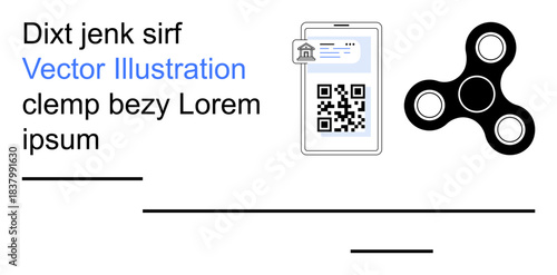 Digital transactions, identity verification, technology education, app interfaces, QR codes, minimal design. Smartphone with QR code and spinner icon. Digital transactions and identity verification