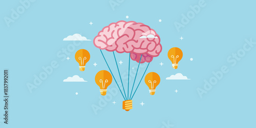 A brain shaped hot air balloon with lightbulb attachments floats among clouds