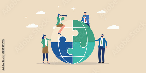 Teamwork and global connection illustrated with people and a puzzle earth