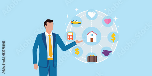 A businessman presenting financial options with icons representing life goals