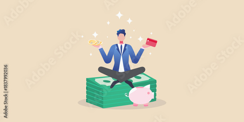 Man meditating on stacks of money with coins and a piggy bank