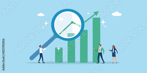 Analyzing growth and progress business people examining rising chart with a magnifying glass