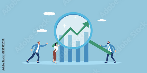 Analyzing growth trends with a magnifying glass and team collaboration
