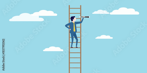A businessman climbs a ladder looking through binoculars at the future