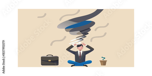 A businessman meditating as a dark storm swirls above his head