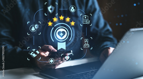 Quadro su tela Customer service rating and healthcare feedback concept with five-star review icons and medical symbols on digital screen interface background
