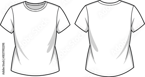 Realistic white t-shirt front and back view, blank apparel mockup, fashion design template, vector sketch, cad drawing flat vector illustration