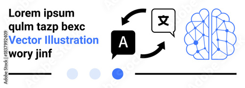 Speech bubble with letter, arrows showing translation process, neural network brain. Ideal for AI, translation, communication, technology, automation, education simple landing page