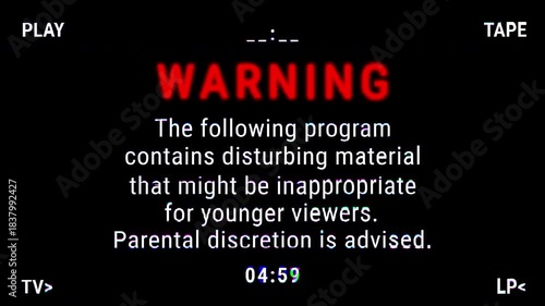 Vintage background animation with text : The following program contains disturbing material and may be inappropriate for younger viewers. Parental discretion is advised. 4k video