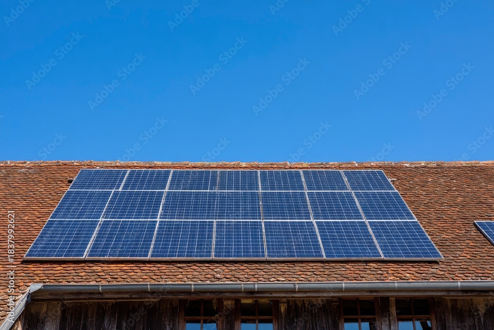 Fototapeta premium Solar Panels on Roof Against Clear Blue Sky for Renewable Energy