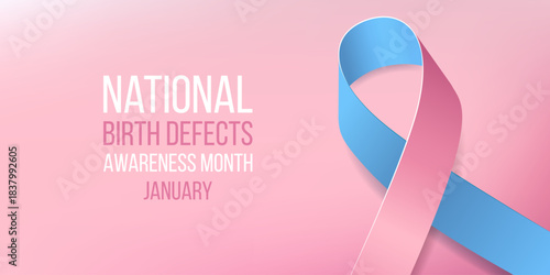 Banner with pink and blue ribbon awareness and text. National Birth Defects Awareness Month concept. Vector illustration.