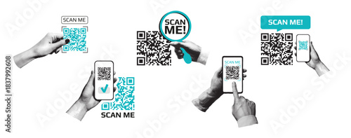 QR code scan. Set of halftone icons with a QR code and a smartphone in hand, modern vector illustration for payment, mobile app, QR code sticker Scan me 