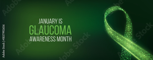 Glaucoma Awareness Month concept. Banner with green ribbon awareness and text.