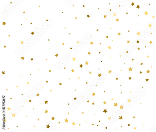 Abstract background with falling gold stars on white. Festive golden confetti pattern for Christmas or New Year. Copy space for text