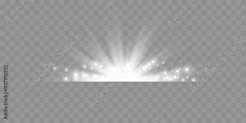 White horizontal lensflare. Light flash with rays or spotlight and bokeh. Silver glow flare light effect. Vector illustration. Isolated on transparent background.