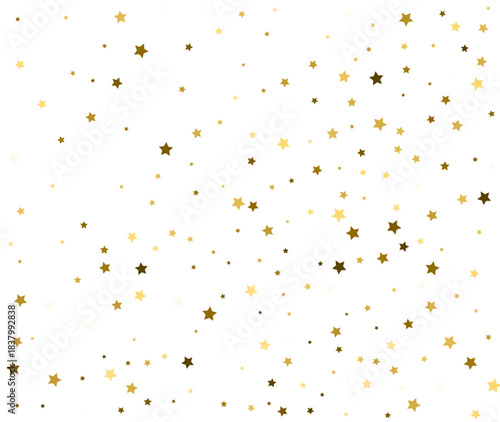 Abstract background with scattered golden stars on white. Festive gold confetti pattern for Christmas or New Year celebration. Copy space for text
