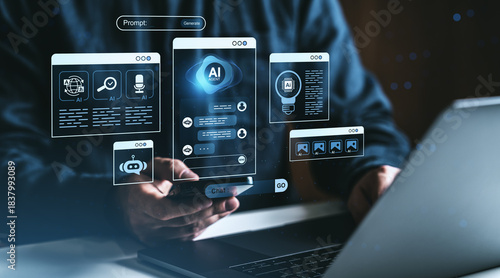 Futuristic AI chatbot interface with holographic elements on digital screen in tech environment with creative virtual assistant concept background.