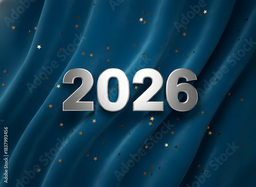 Elegant 2026 New Year celebration background with silver numbers and golden stars on teal silk fabric.