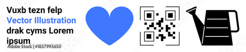 Digital marketing, QR code usage, love symbols, gardening care, eco lifestyle, vector designs. Blue heart, QR code and a black watering can accompanied by text. Digital marketing and QR code