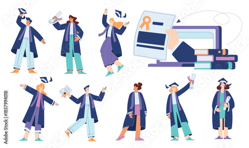 Man and Woman Student Character in Graduation Hat Engaged in Education and Study Vector Set