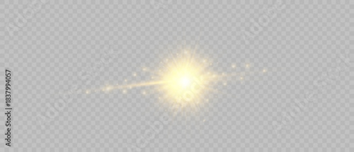 Warm golden sunburst lens flare: bright glowing core, soft radial rays, and trailing twinkling sparkles. Ideal for photo overlays, cinematic VFX, summer social media, fantasy art, nature edits, festiv