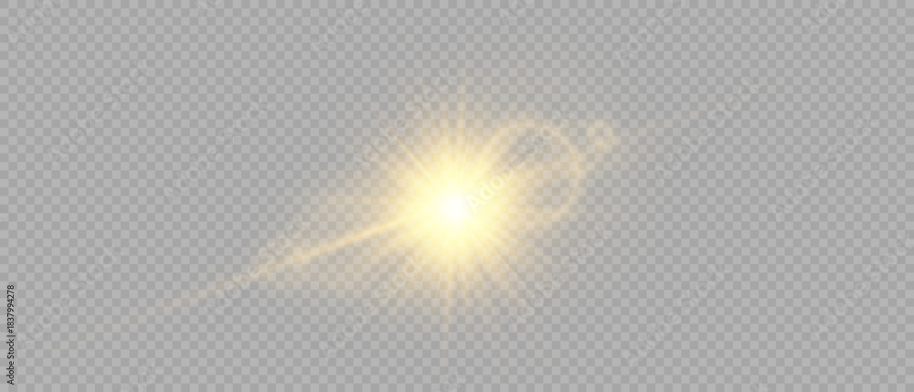 Fototapeta premium A bright golden flash of light with soft highlights, a halo, and a long trail of light on a transparent background. A UV effect for design, photomontage, and art projects.