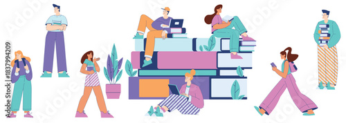 Man and Woman Student Character Engaged in Education and Study Vector Set